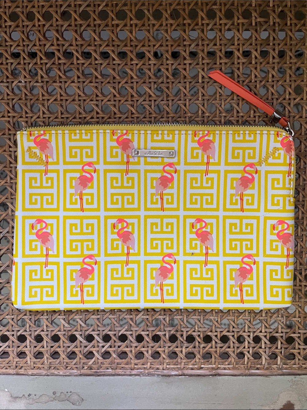 Stella & Dot Yellow and Pink Flamingo Zip Pouch